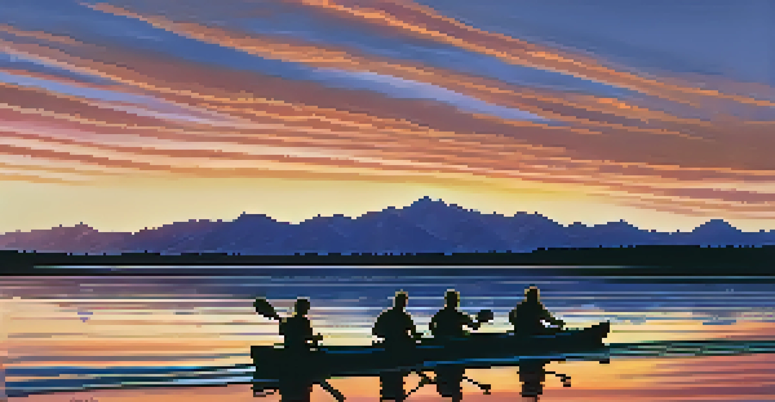 A sunset over Boulder Reservoir with kayakers on the water and golden reflections against the sandy beach.