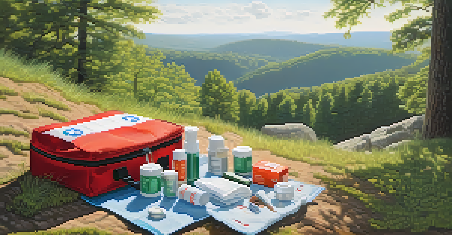 An open first aid kit on a picnic blanket in nature, with a Boulder trail visible in the background.