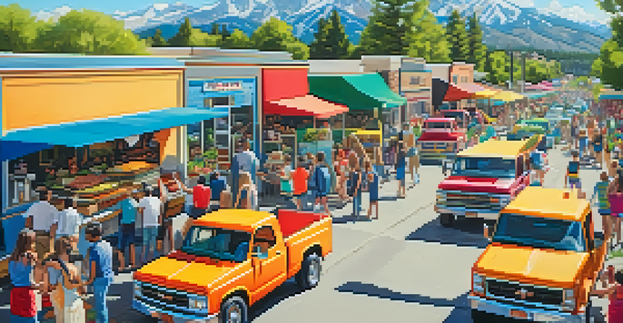A lively food truck gathering in Boulder, featuring colorful trucks and people enjoying diverse meals in a scenic outdoor setting.