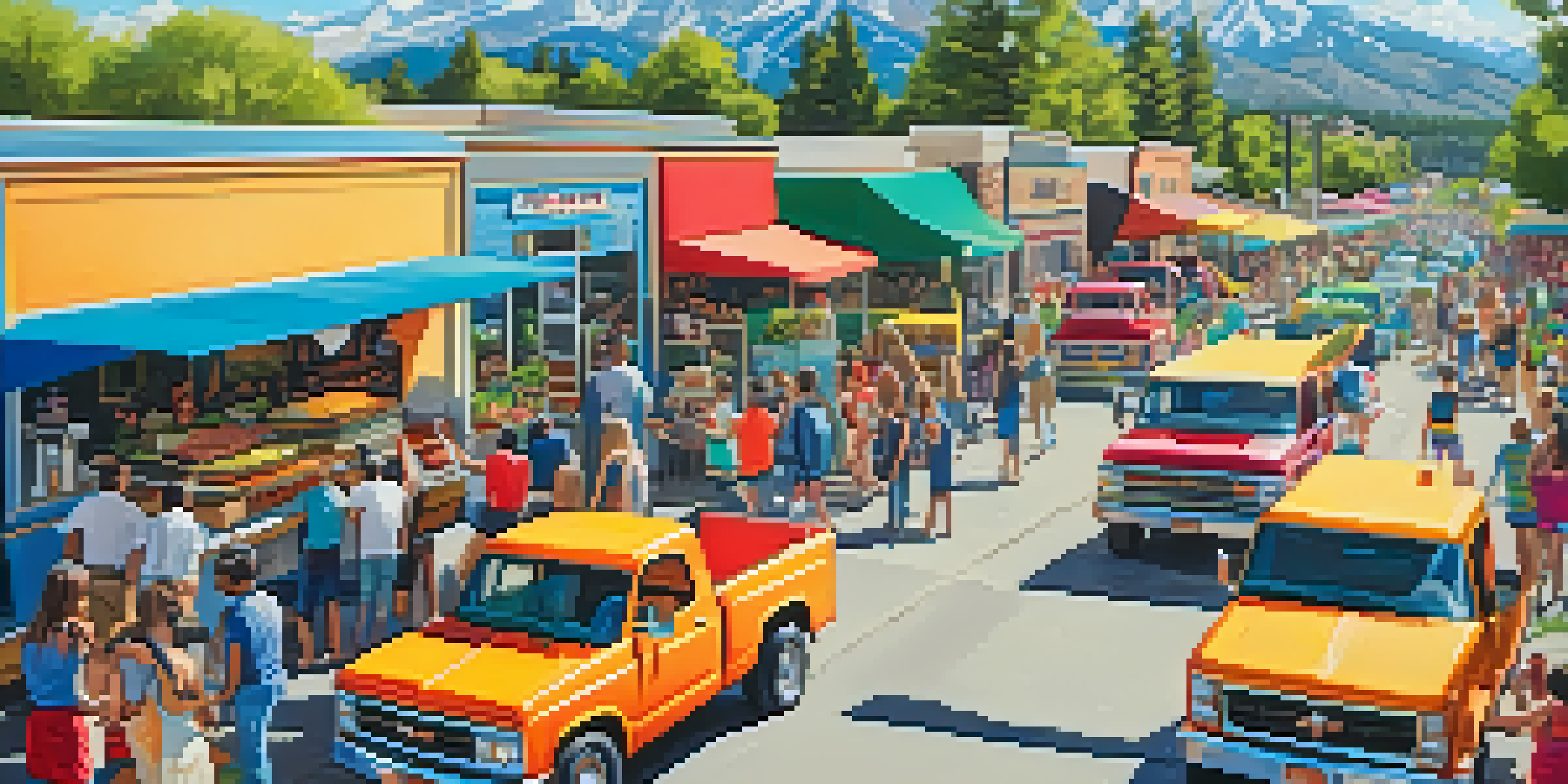 A lively food truck gathering in Boulder, featuring colorful trucks and people enjoying diverse meals in a scenic outdoor setting.