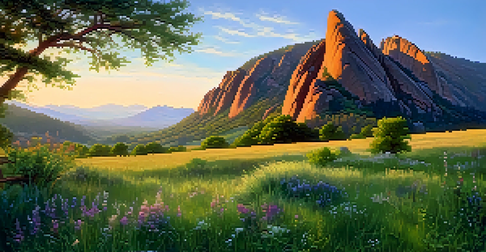 A scenic sunrise view of the Flatirons with colorful sky and blooming wildflowers in the foreground.
