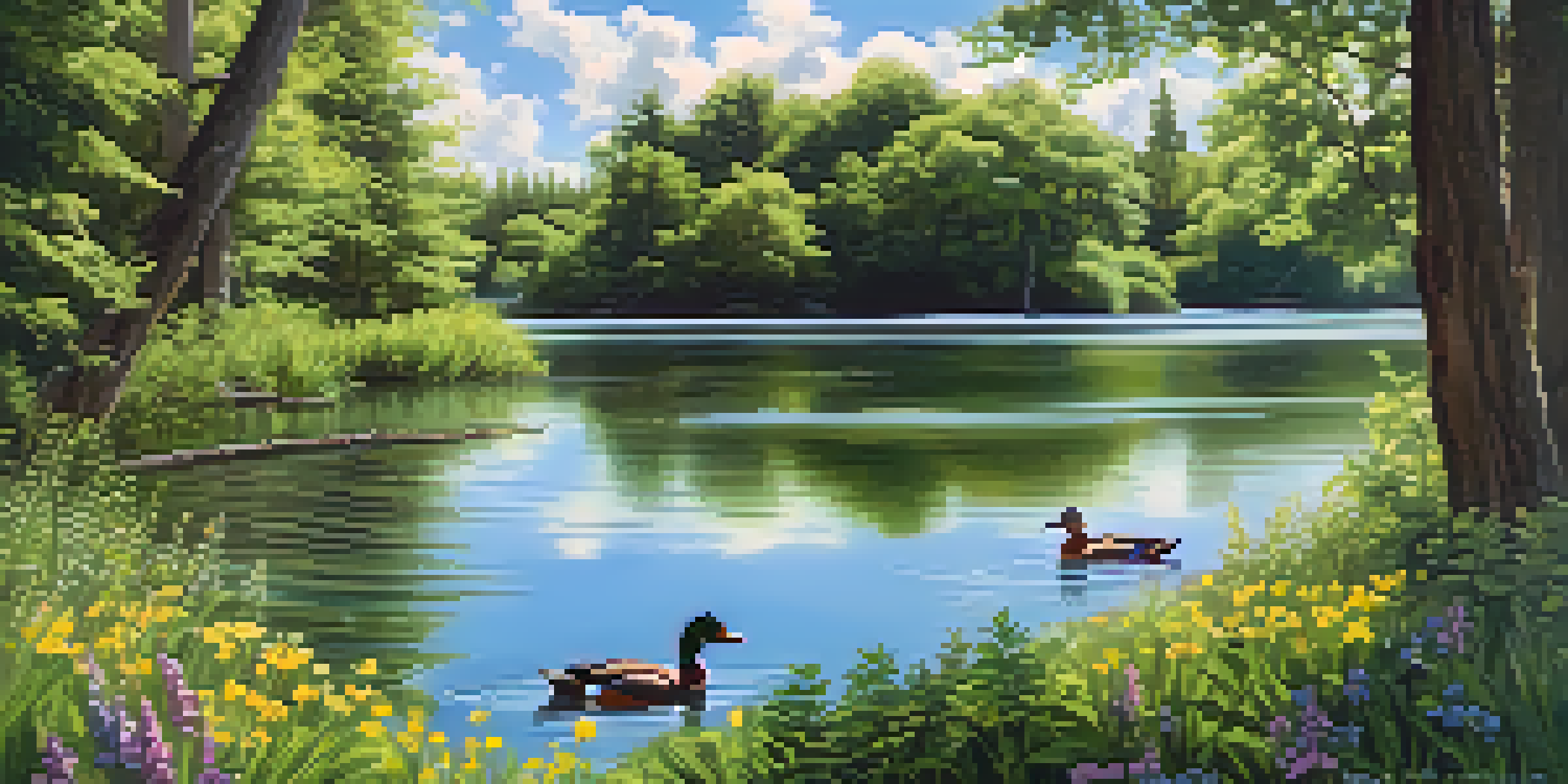 A tranquil lake scene with ducks swimming, surrounded by green trees and colorful wildflowers.