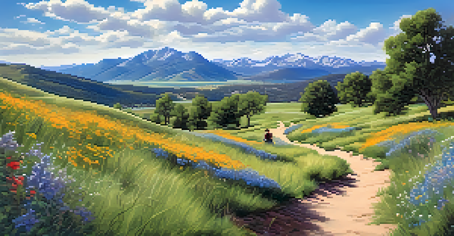 A scenic view of Boulder's Open Space and Mountain Parks, with hikers on a trail surrounded by mountains and wildflowers.