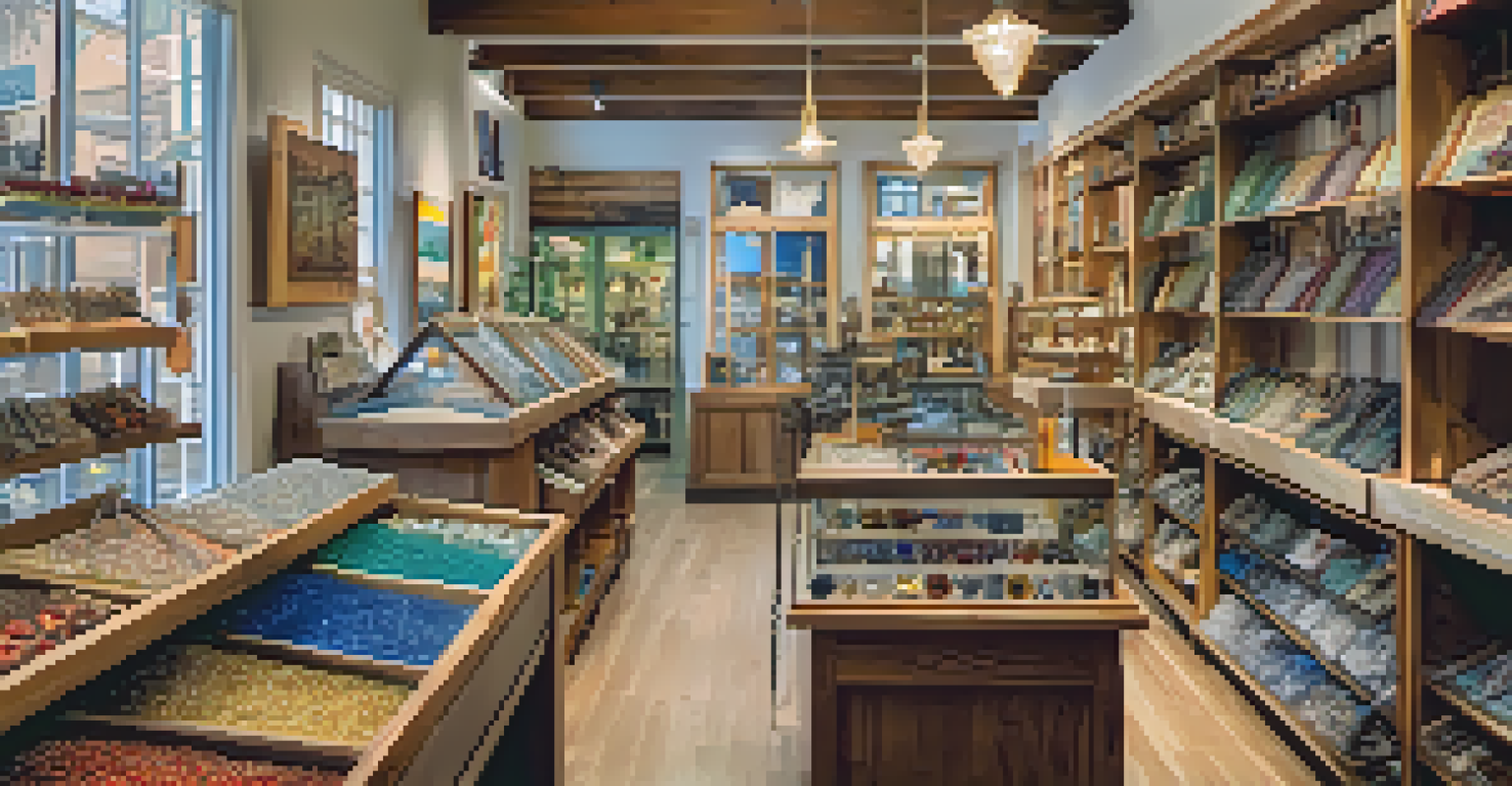An artisan shop in Boulder showcasing handmade jewelry and crafts, with warm lighting and wooden shelves filled with colorful products.