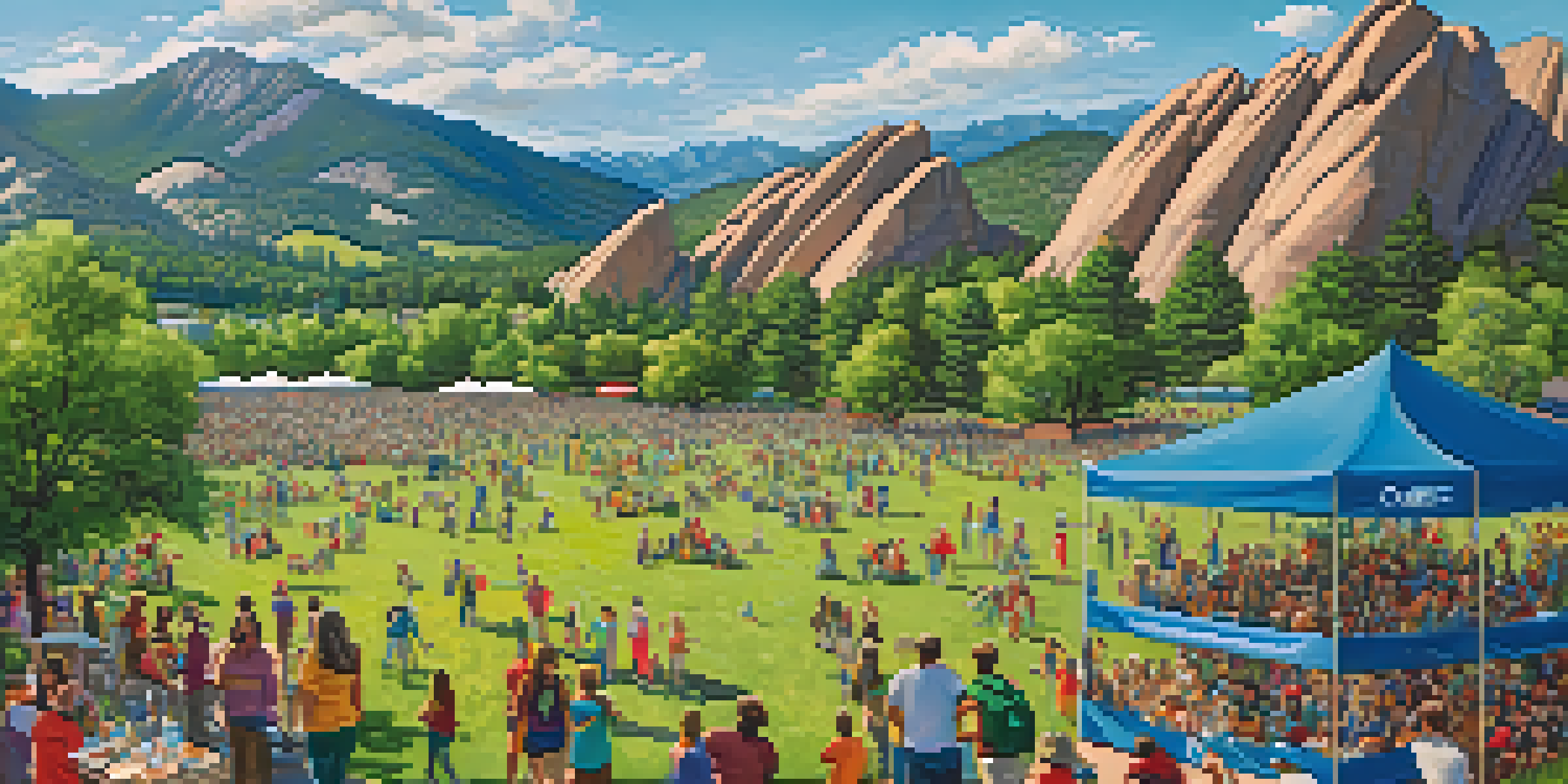 A panoramic view of Boulder, Colorado, with the Flatirons mountains. A community event is taking place, featuring people planting trees and promoting sustainability.