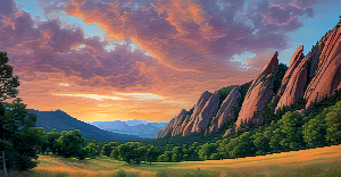 A group of climbers ascending the Flatirons at sunset, with vibrant colors in the sky and lush greenery below.