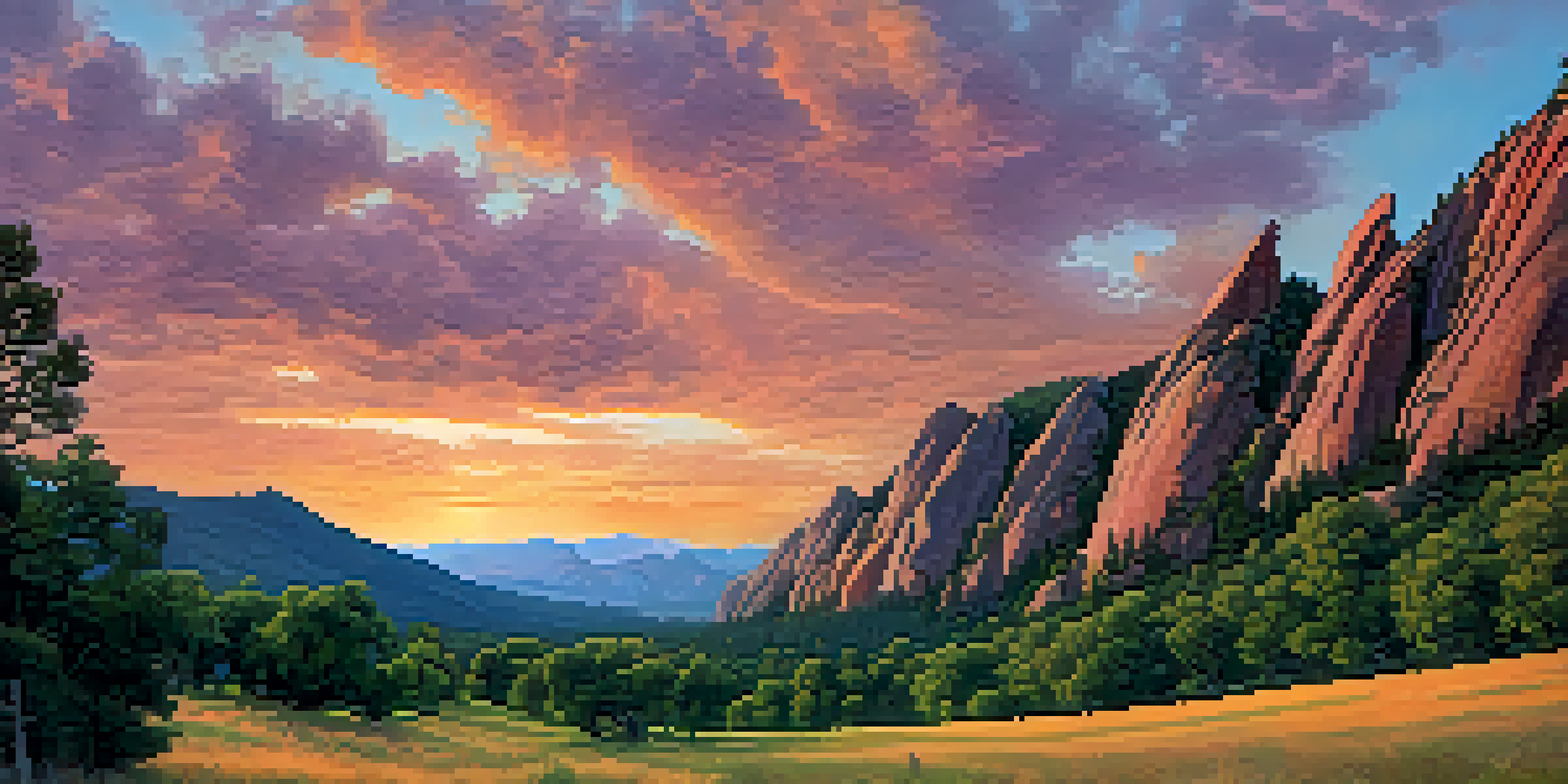 A group of climbers ascending the Flatirons at sunset, with vibrant colors in the sky and lush greenery below.