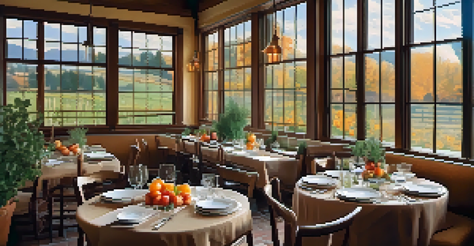 A table in a Boulder restaurant featuring seasonal dishes like heirloom tomato salad and butternut squash soup, with natural light illuminating the scene.