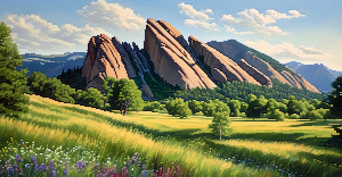 A scenic view of the Flatirons rock formations in Boulder, Colorado, with green forests and blooming wildflowers under a clear blue sky.
