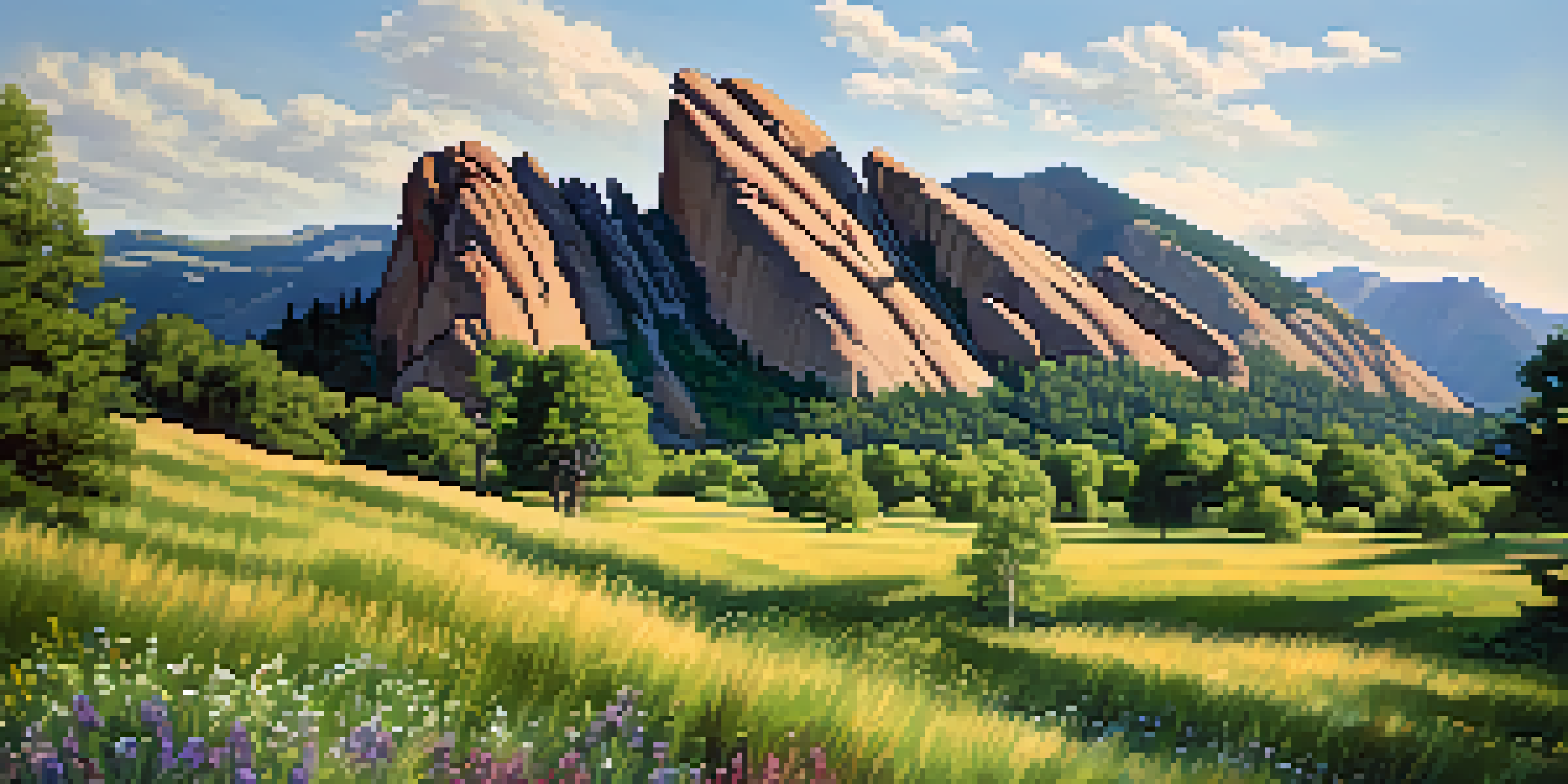 A scenic view of the Flatirons rock formations in Boulder, Colorado, with green forests and blooming wildflowers under a clear blue sky.