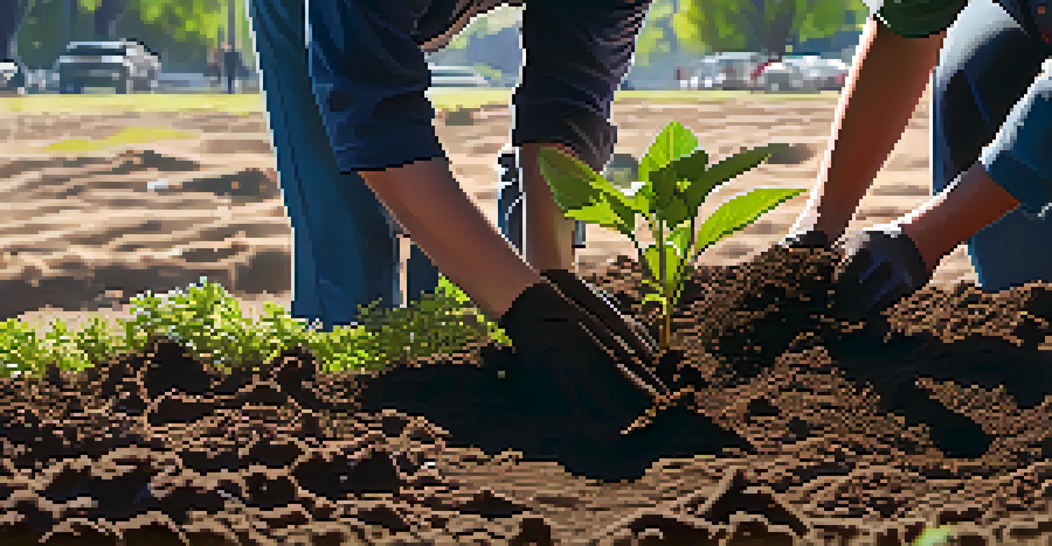 Close-up of hands planting a sapling in soil, with a community clean-up event blurred in the background under sunlight.