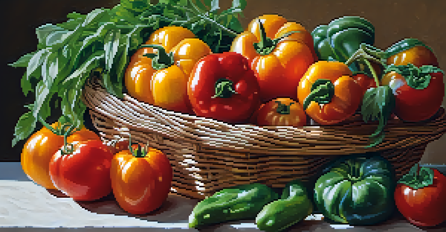 A close-up of a basket filled with fresh organic produce from a farmers' market, showcasing colorful vegetables and fruits.