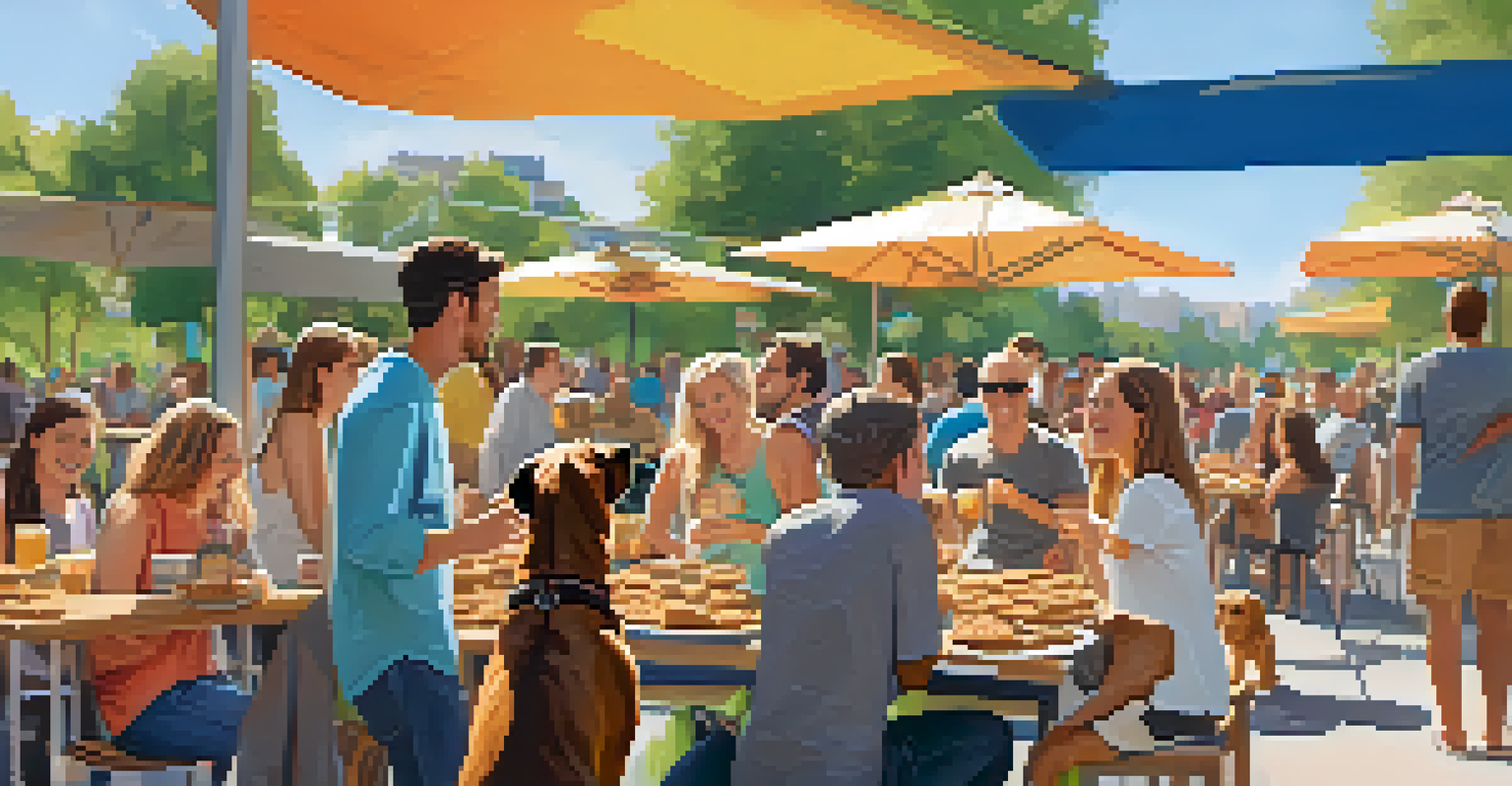 A joyful food festival scene featuring pets and their owners enjoying gourmet treats and craft beers, with live music and laughter in the air.