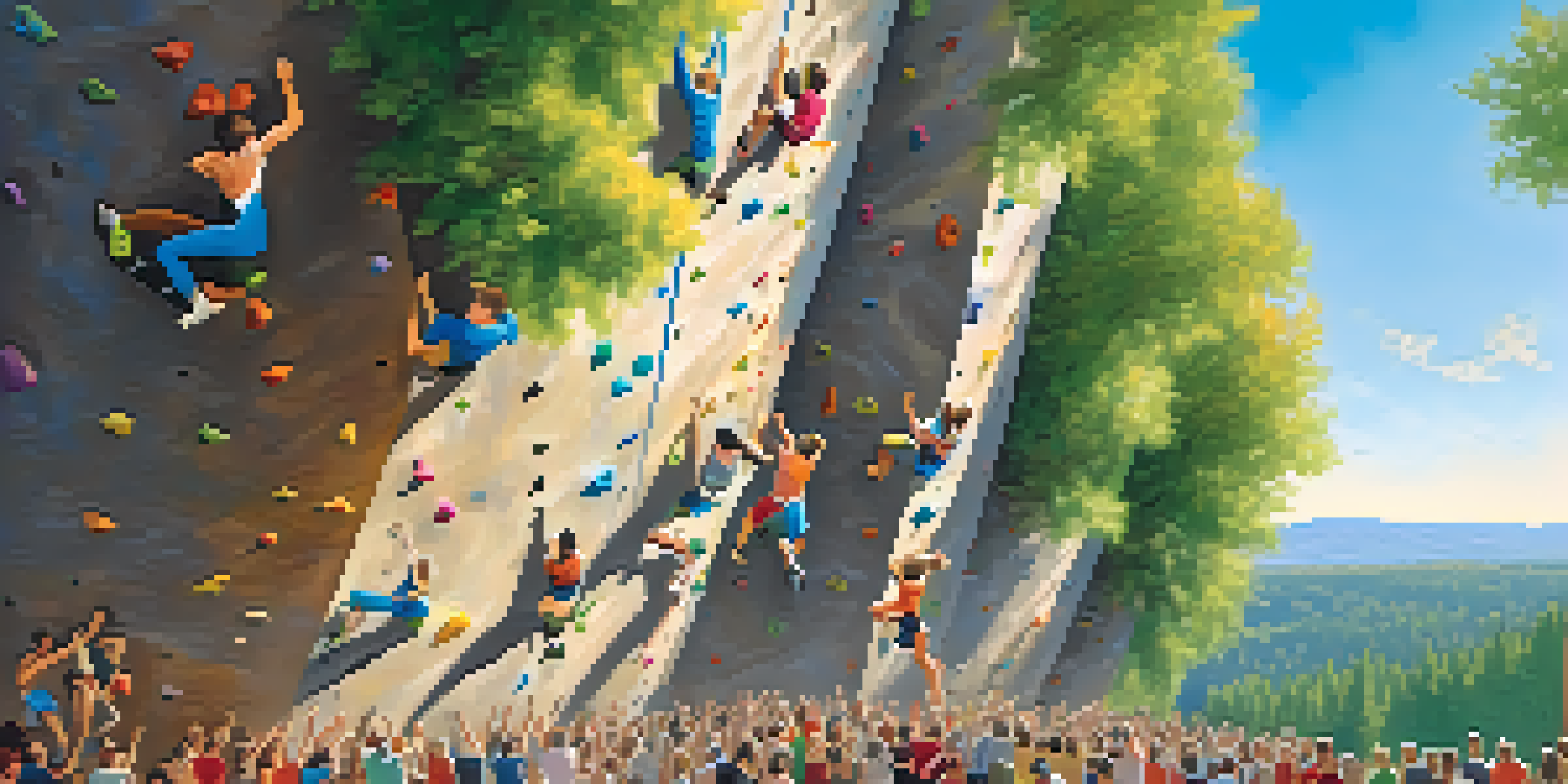 Climbers demonstrating their skills on a bouldering wall with a crowd cheering in the background under a sunny sky.