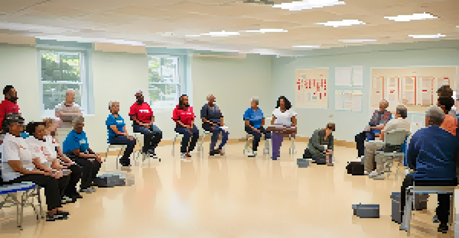 A group of residents learning CPR in a well-lit community center with an instructor demonstrating techniques.