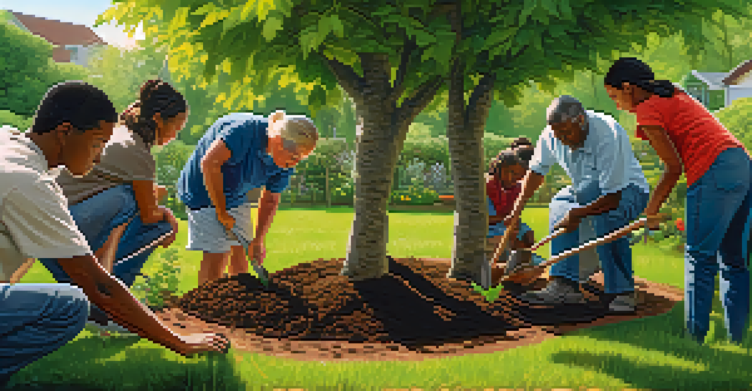 A community member planting a young tree in a garden, with volunteers in the background, under warm sunlight.