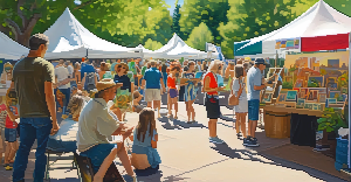 A lively outdoor arts festival scene with colorful art booths, attendees interacting with artists, and musicians performing under sunny skies.