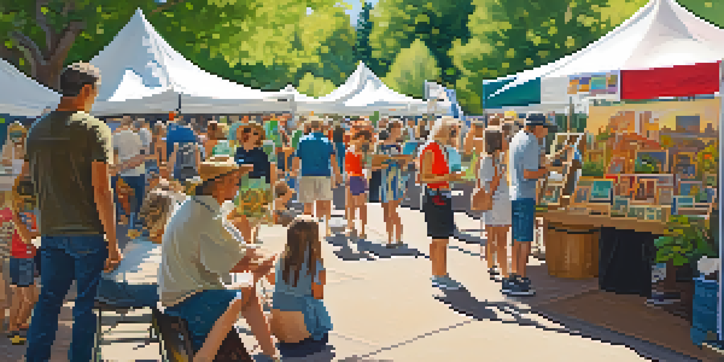 A lively outdoor arts festival scene with colorful art booths, attendees interacting with artists, and musicians performing under sunny skies.