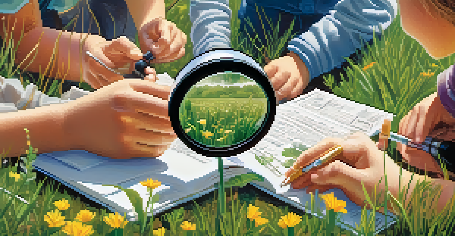 Students examining plants with a magnifying glass during an outdoor science experiment, surrounded by greenery.