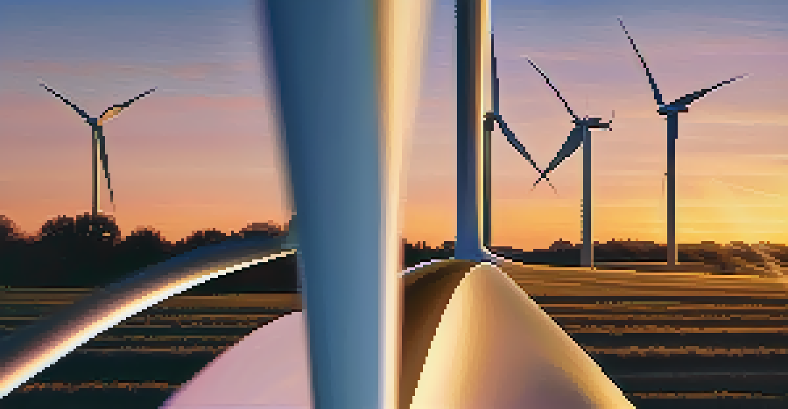 A detailed close-up of a wind turbine blade illuminated by sunset light, with other turbines softly blurred in the background.