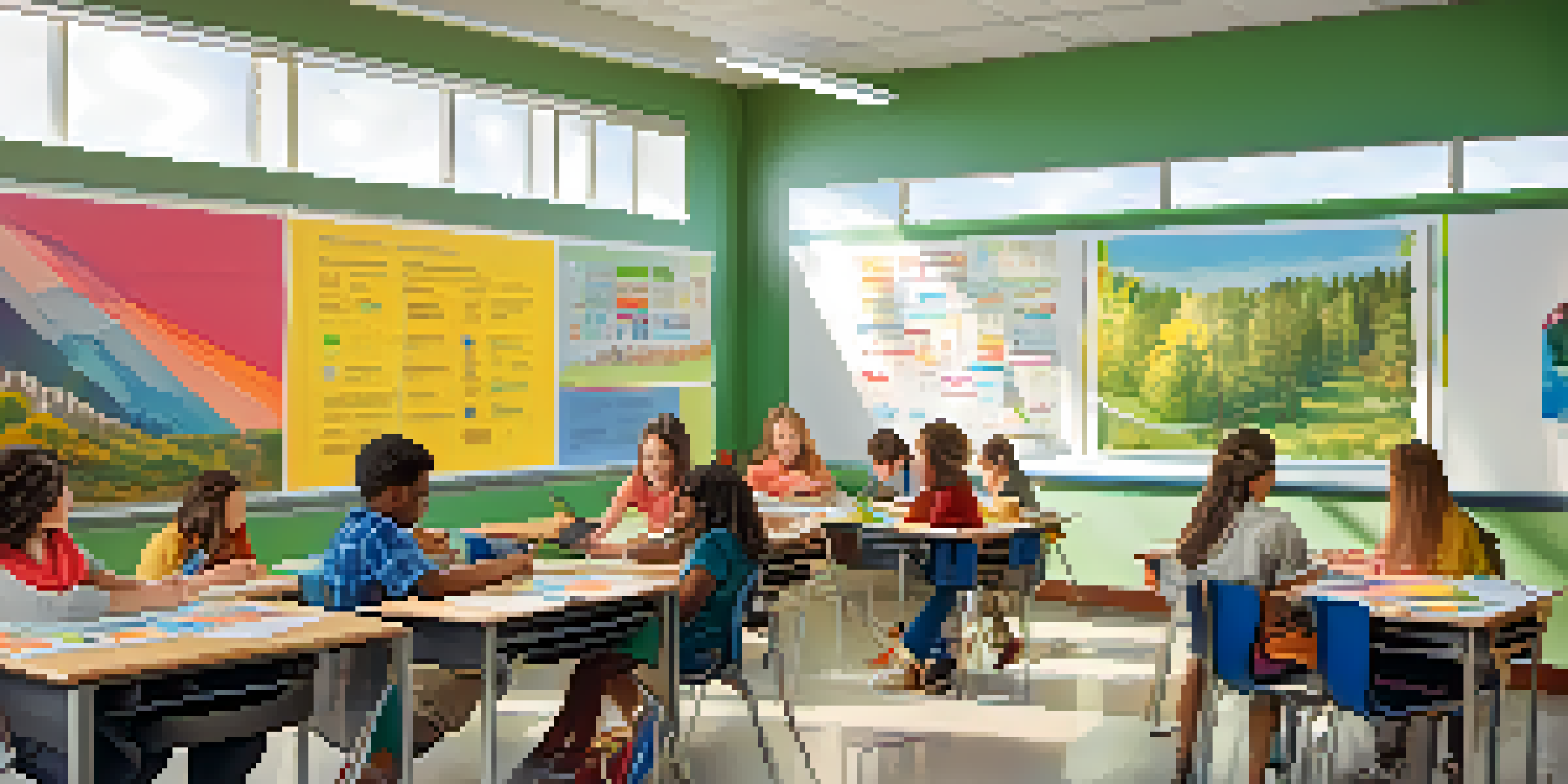 A bright classroom with students of diverse backgrounds collaborating around interactive whiteboards and tablets, with sunlight streaming through large windows.