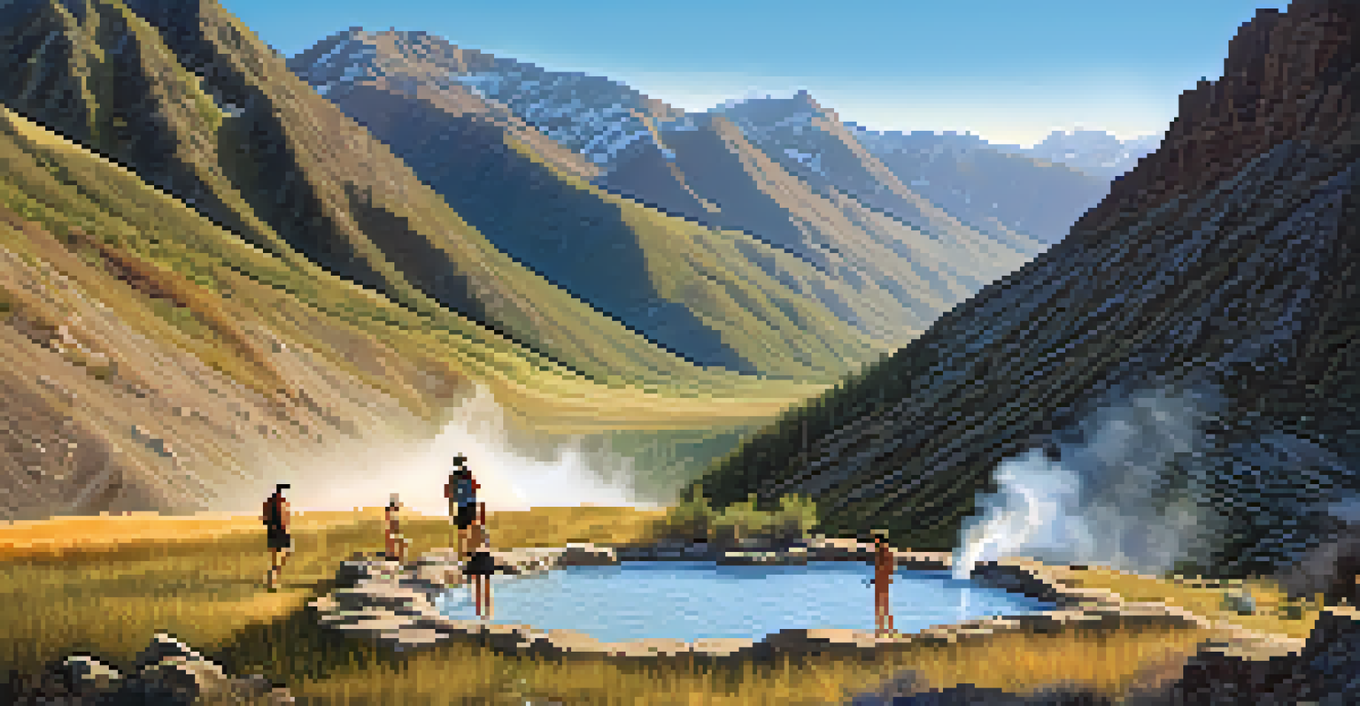 Hikers resting near Conundrum Hot Springs, with majestic mountain views and steam rising from natural hot spring pools during golden hour.