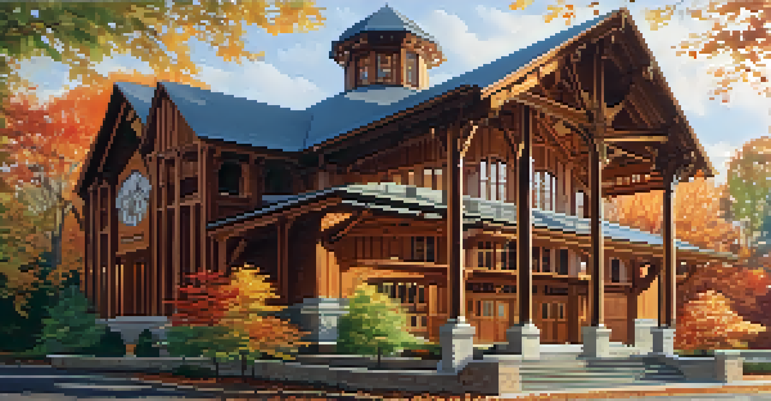 A close-up view of the Chautauqua Auditorium, illustrating its wooden beams and architectural details, surrounded by colorful trees in autumn.