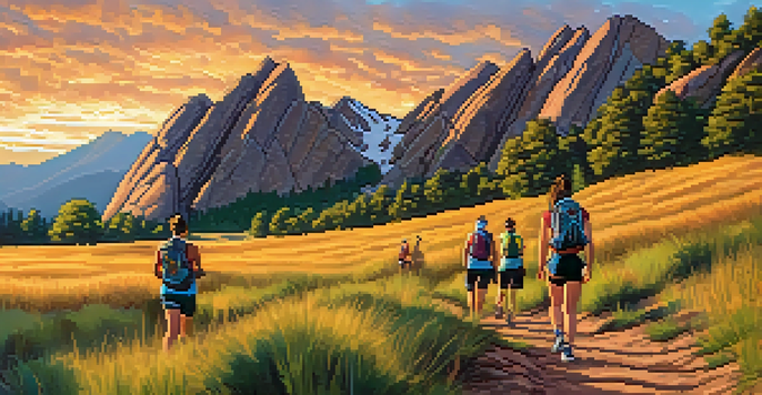 A group of hikers climbing a rocky trail near the Flatirons in Boulder, Colorado, with a sunset backdrop.