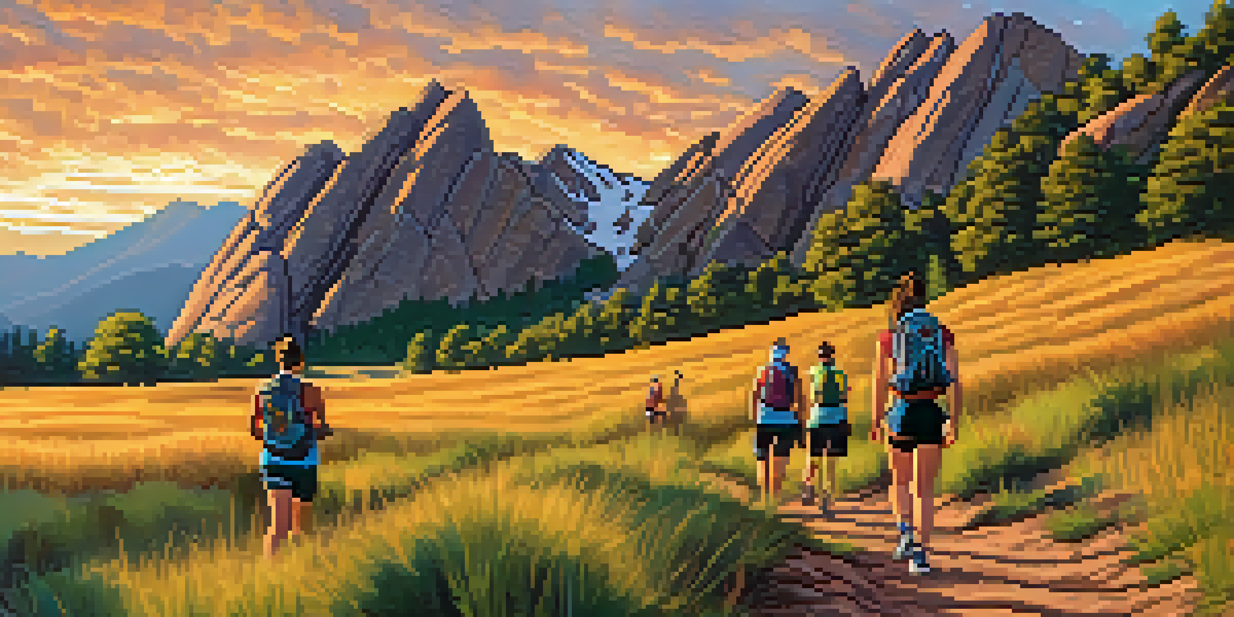 A group of hikers climbing a rocky trail near the Flatirons in Boulder, Colorado, with a sunset backdrop.