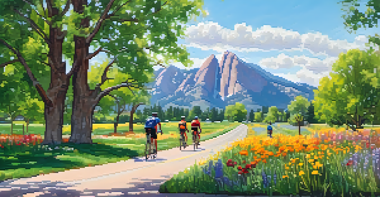 A picturesque bike path in Boulder, Colorado, with cyclists riding amidst trees and wildflowers, with mountains in the background.