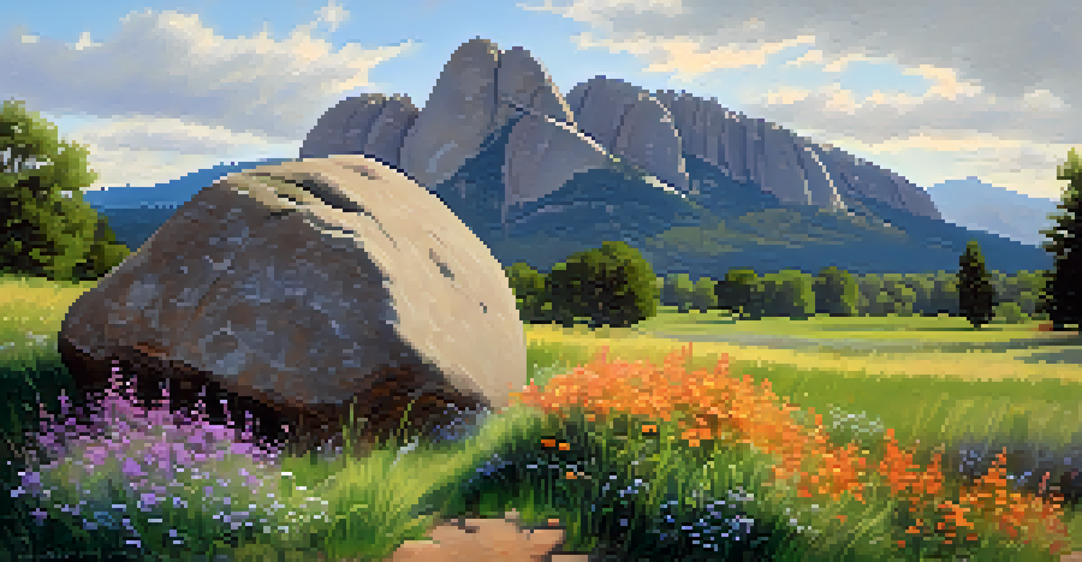 A glacial erratic boulder surrounded by wildflowers, with the Flatirons in the background, illuminated by soft sunlight.