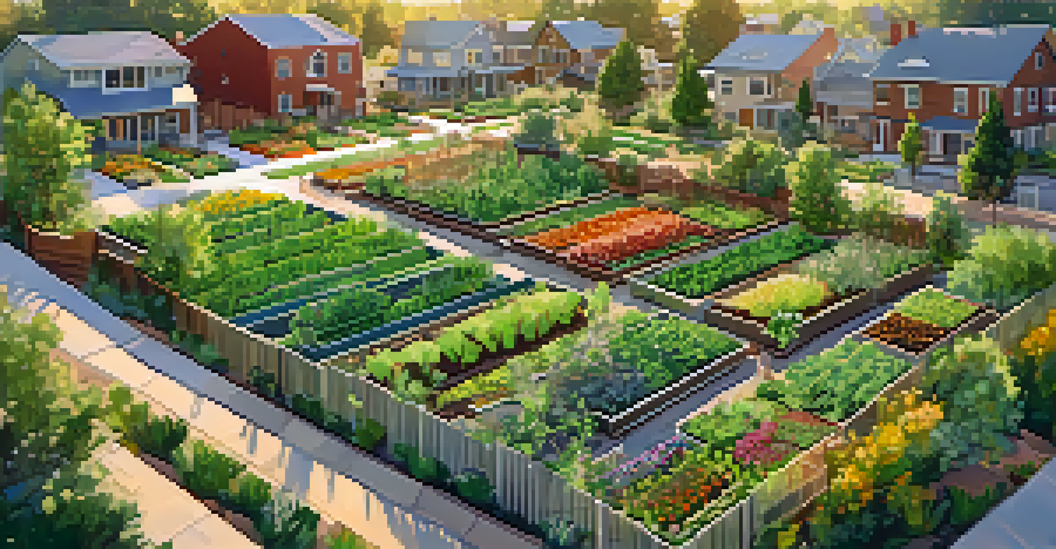 An aerial view of a sustainable urban garden in Boulder, with rows of vegetables and community members tending to the plants.
