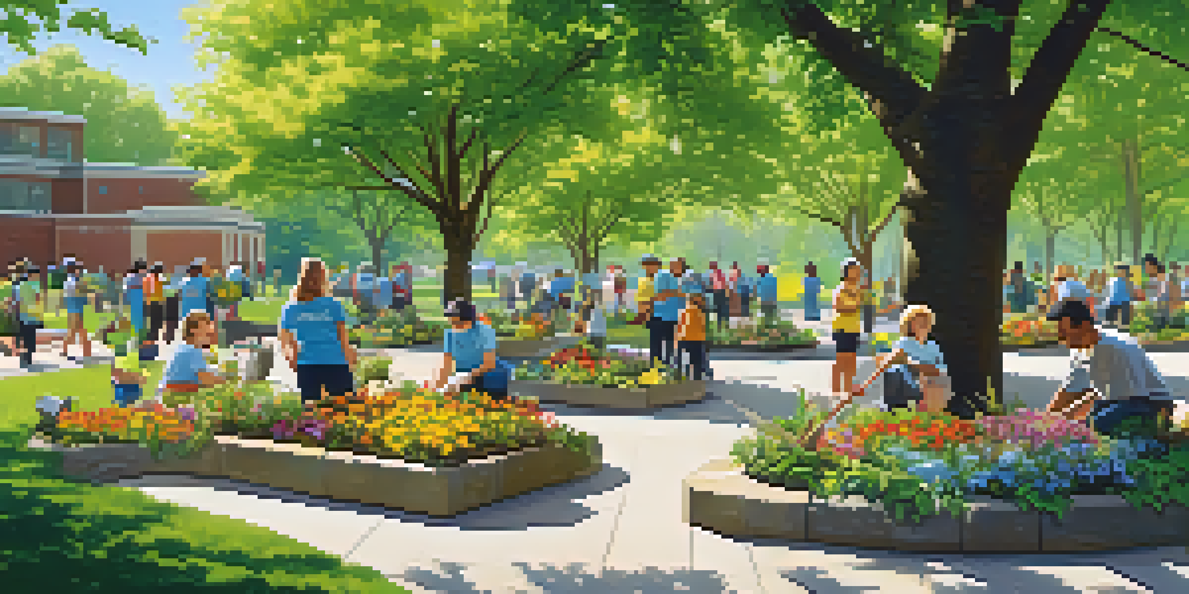 A lively park filled with volunteers planting trees and cleaning up, under a bright blue sky with green trees and flowers.