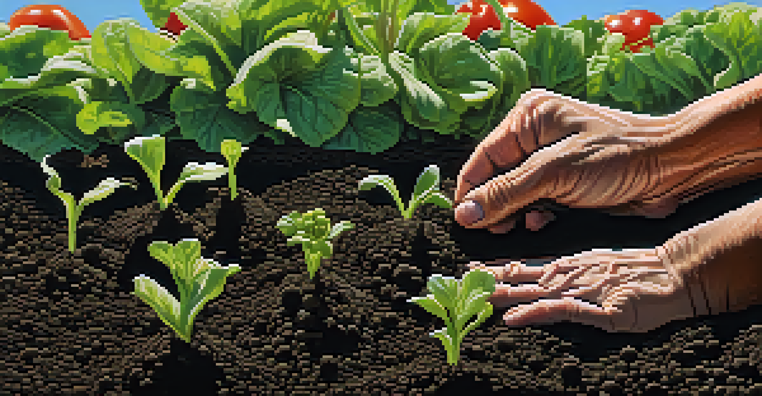 A close-up of a farmer's hands planting organic seeds in rich soil, with green crops in the background.