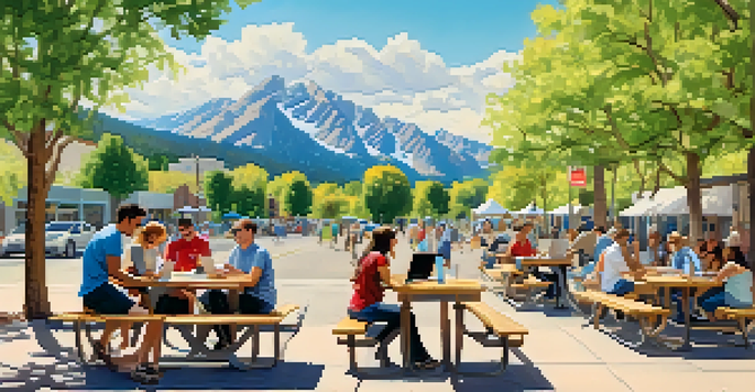 A diverse group of entrepreneurs working together outdoors in Boulder, Colorado, with mountains in the background.