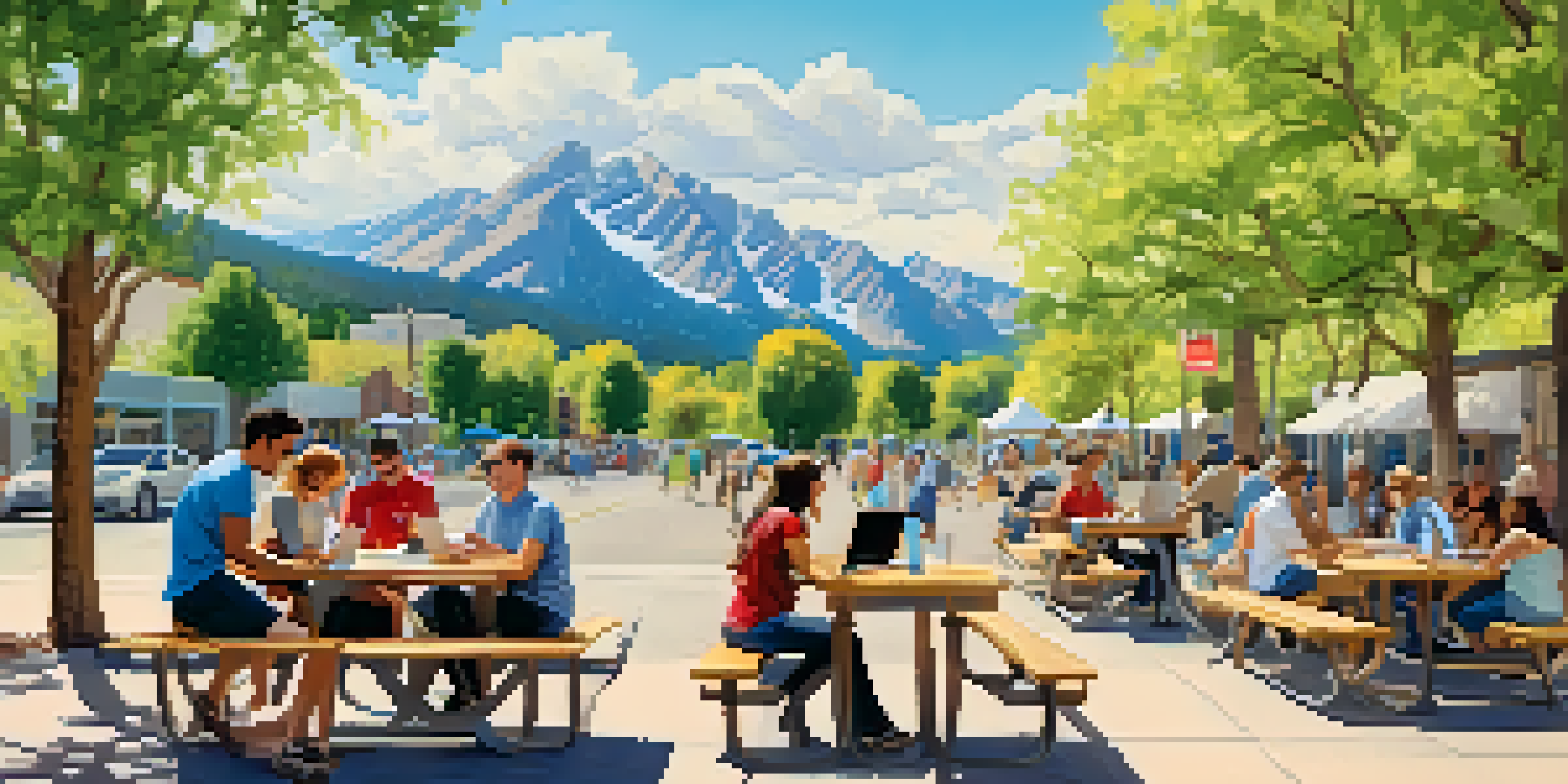 A diverse group of entrepreneurs working together outdoors in Boulder, Colorado, with mountains in the background.