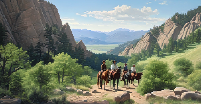 A historical depiction of Boulder, Colorado, with settlers on horseback on rugged mountain trails surrounded by nature.