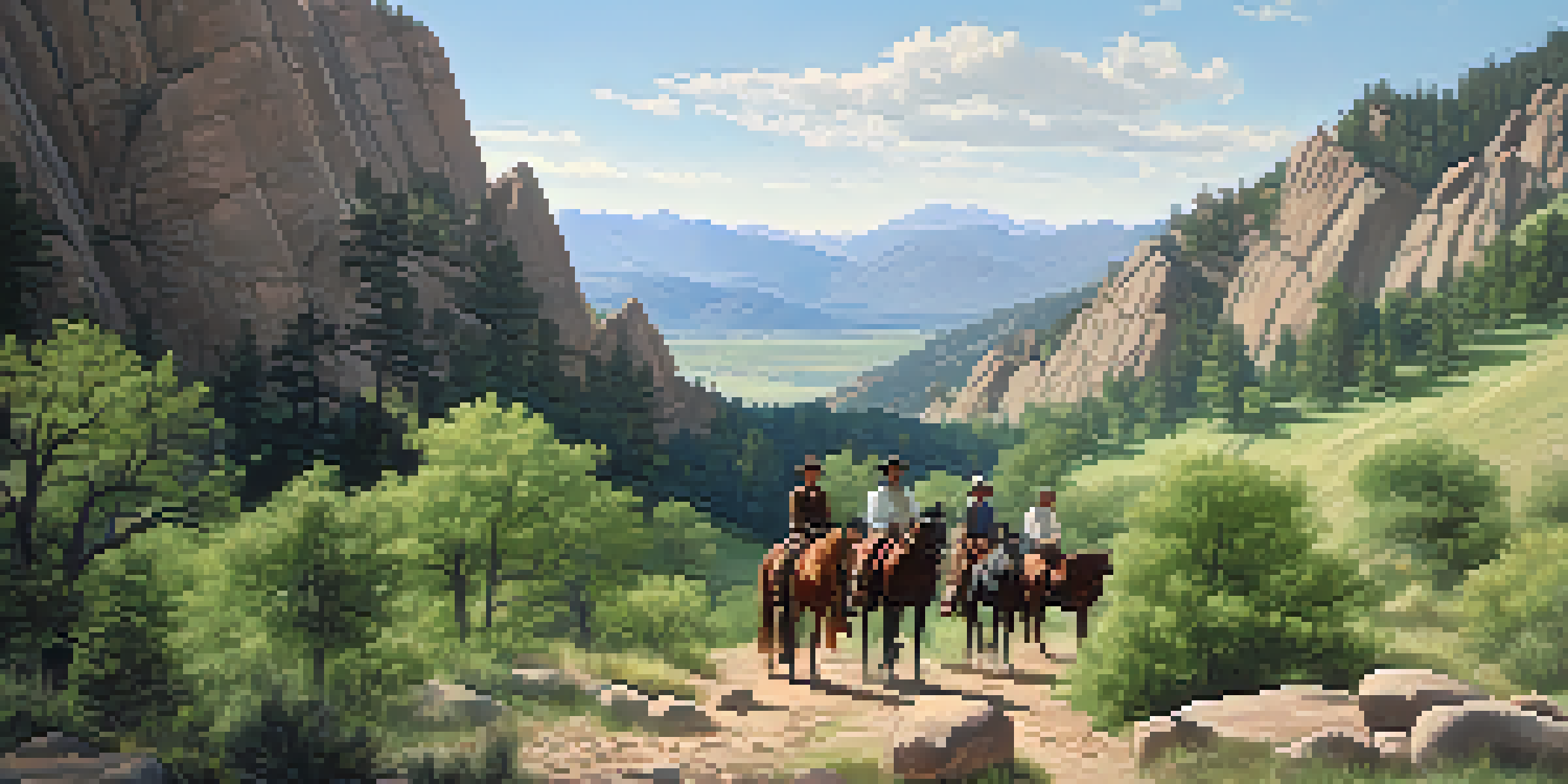 A historical depiction of Boulder, Colorado, with settlers on horseback on rugged mountain trails surrounded by nature.