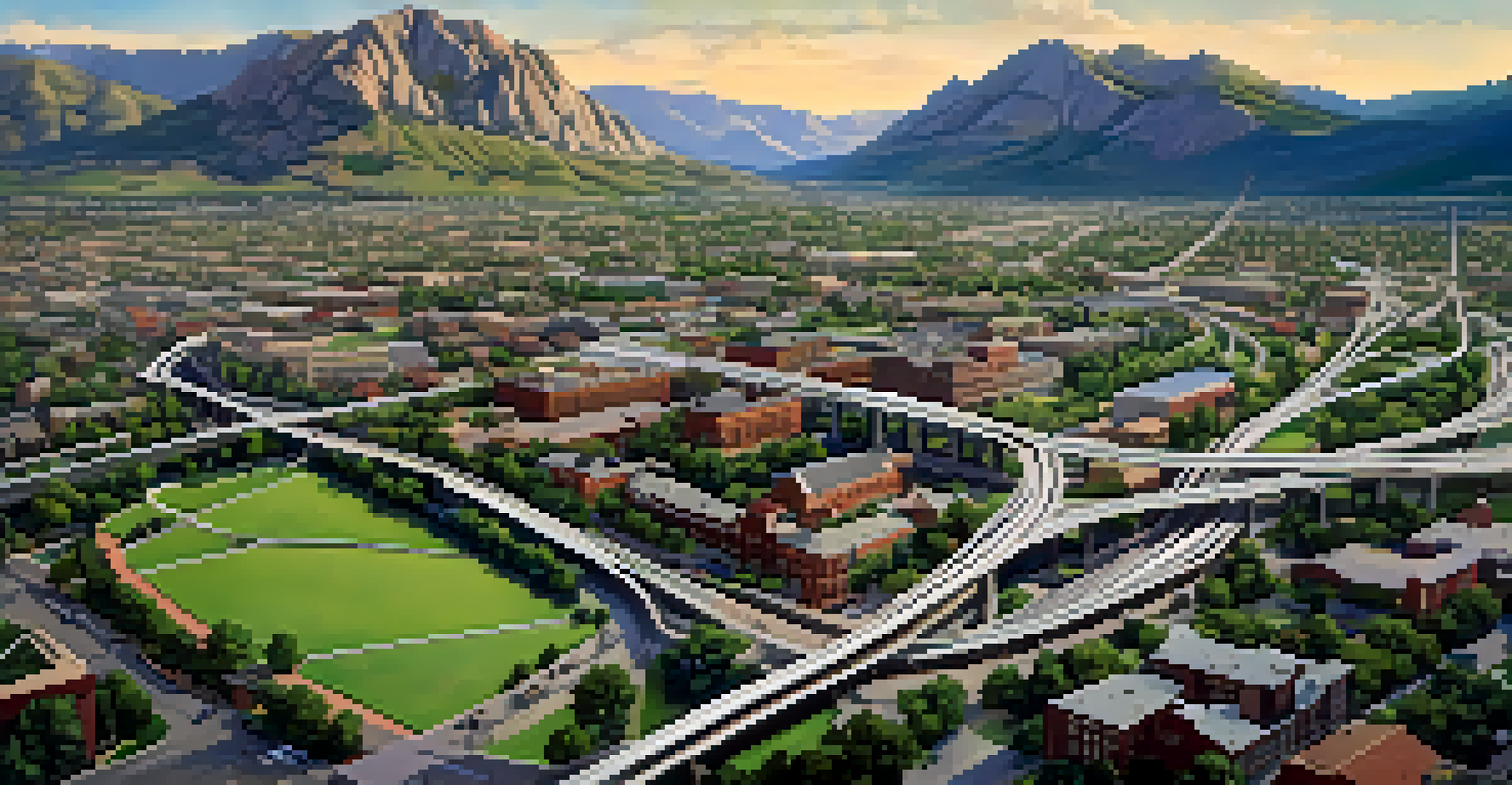 An aerial view of Boulder highlighting the rail network amidst modern buildings and green parks, with the Rocky Mountains in the background.