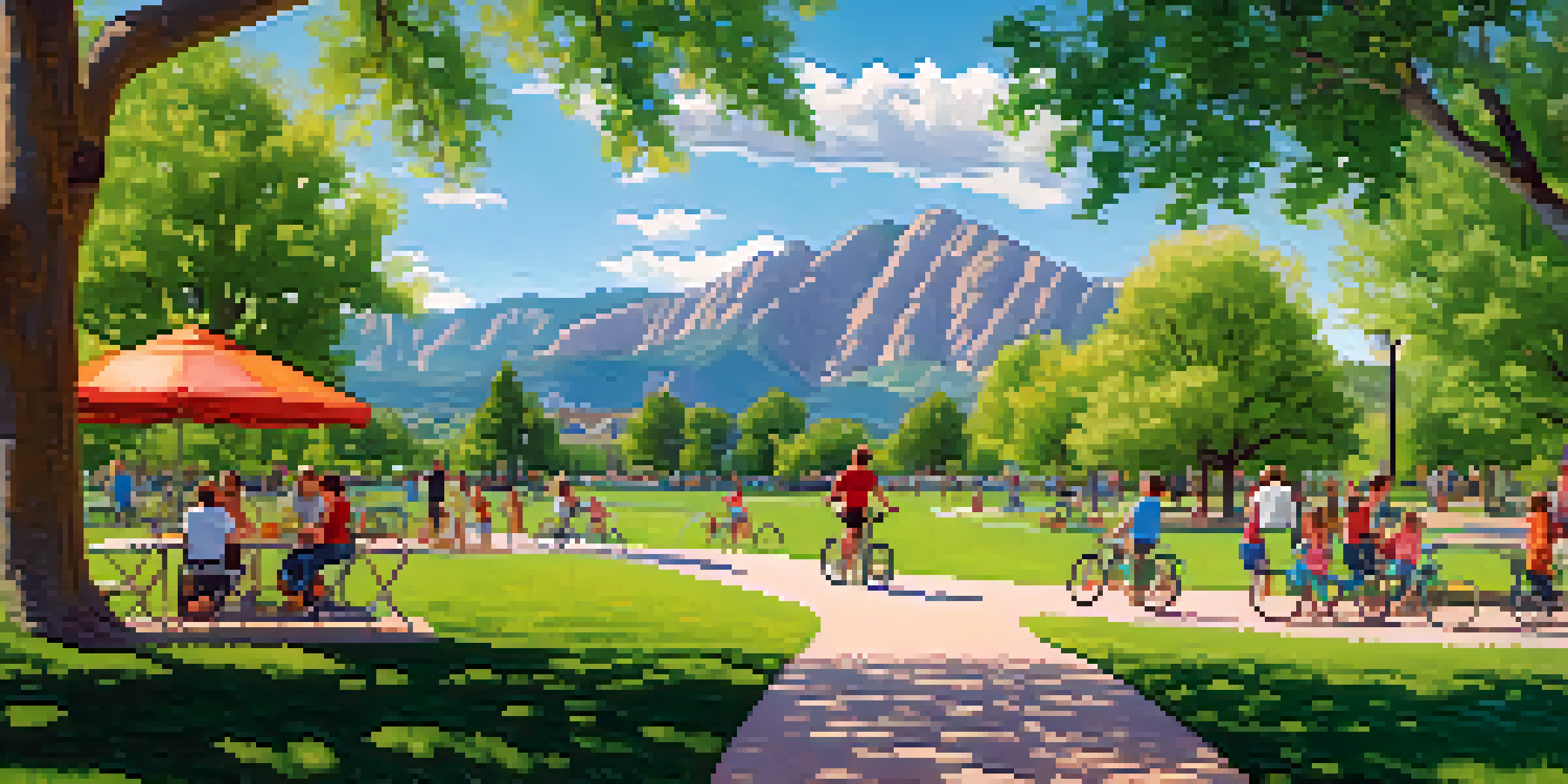 A lively park in Boulder, Colorado, with families, children, and cyclists enjoying the outdoors against a backdrop of mountains.