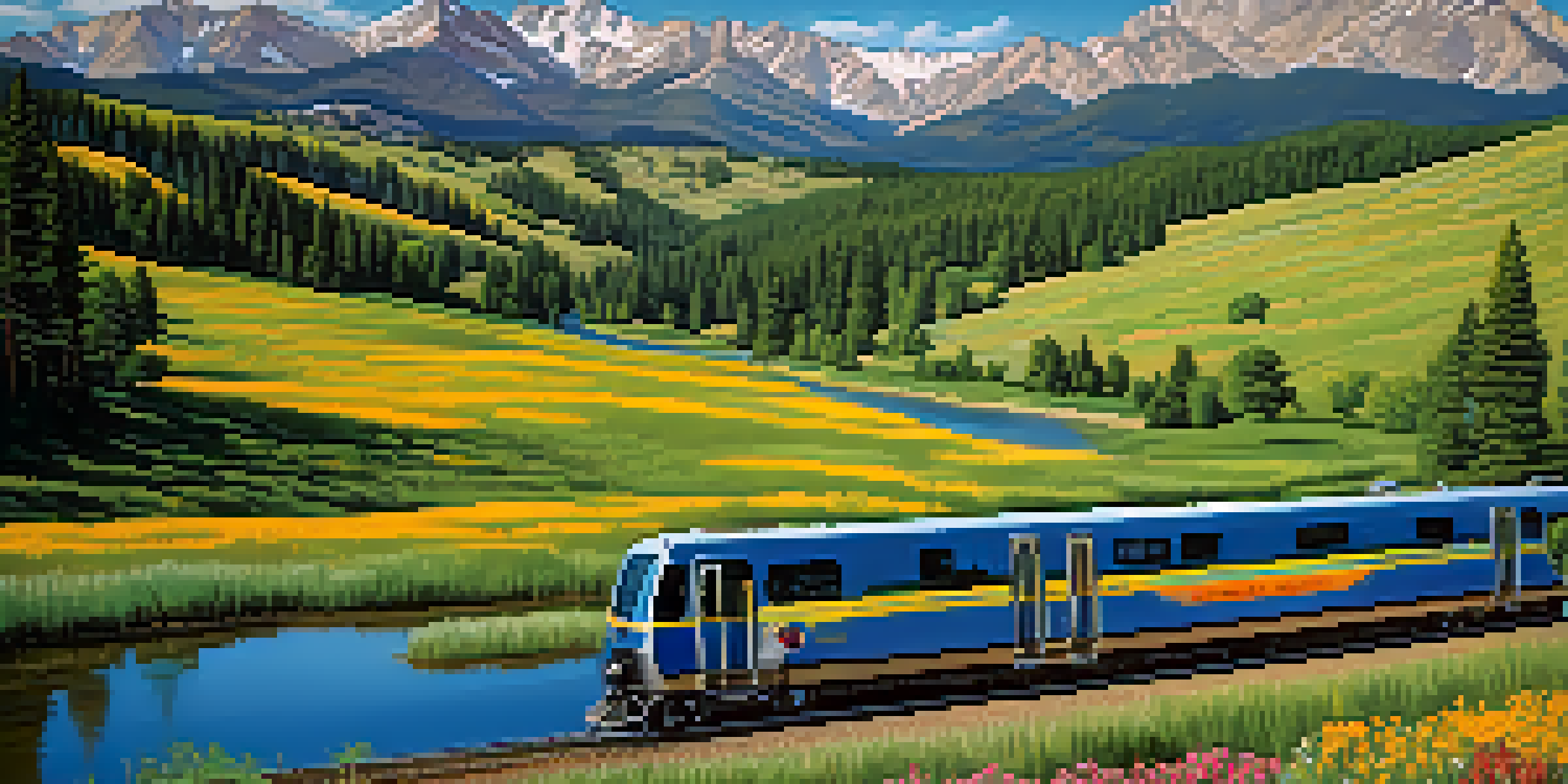 A colorful train on the Denver-Boulder Line passing through green fields and mountains under a clear sky.
