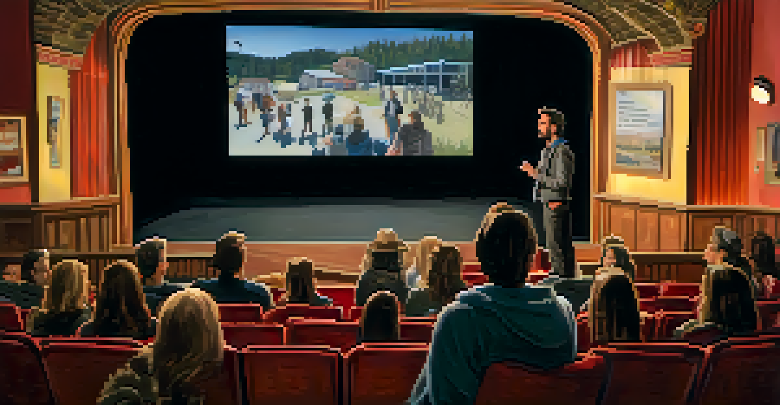 A local filmmaker presenting their short film in a cozy theater with an engaged audience watching attentively.
