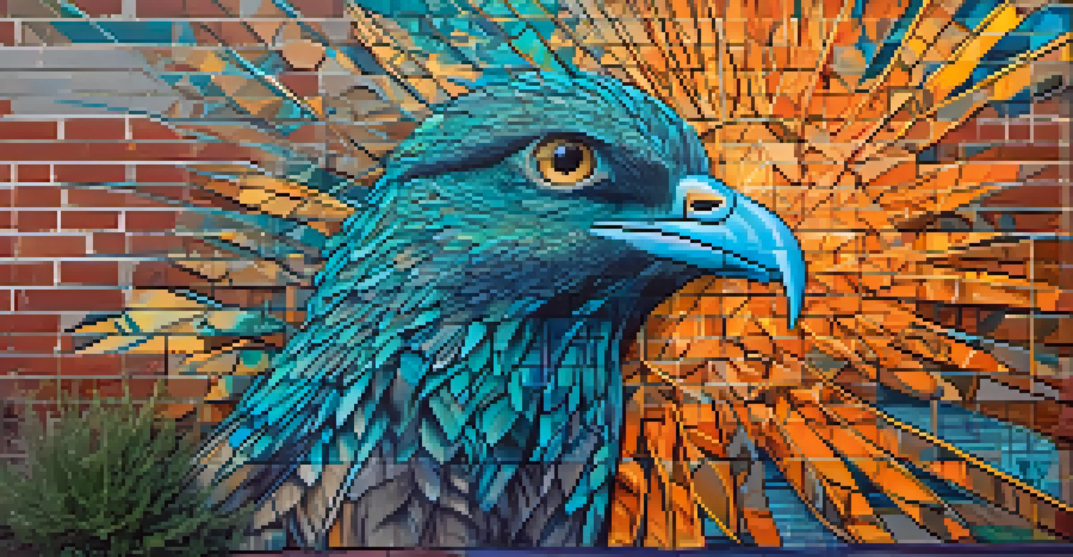 A close-up of a colorful mural depicting nature on a brick wall in Boulder, with a person admiring it.