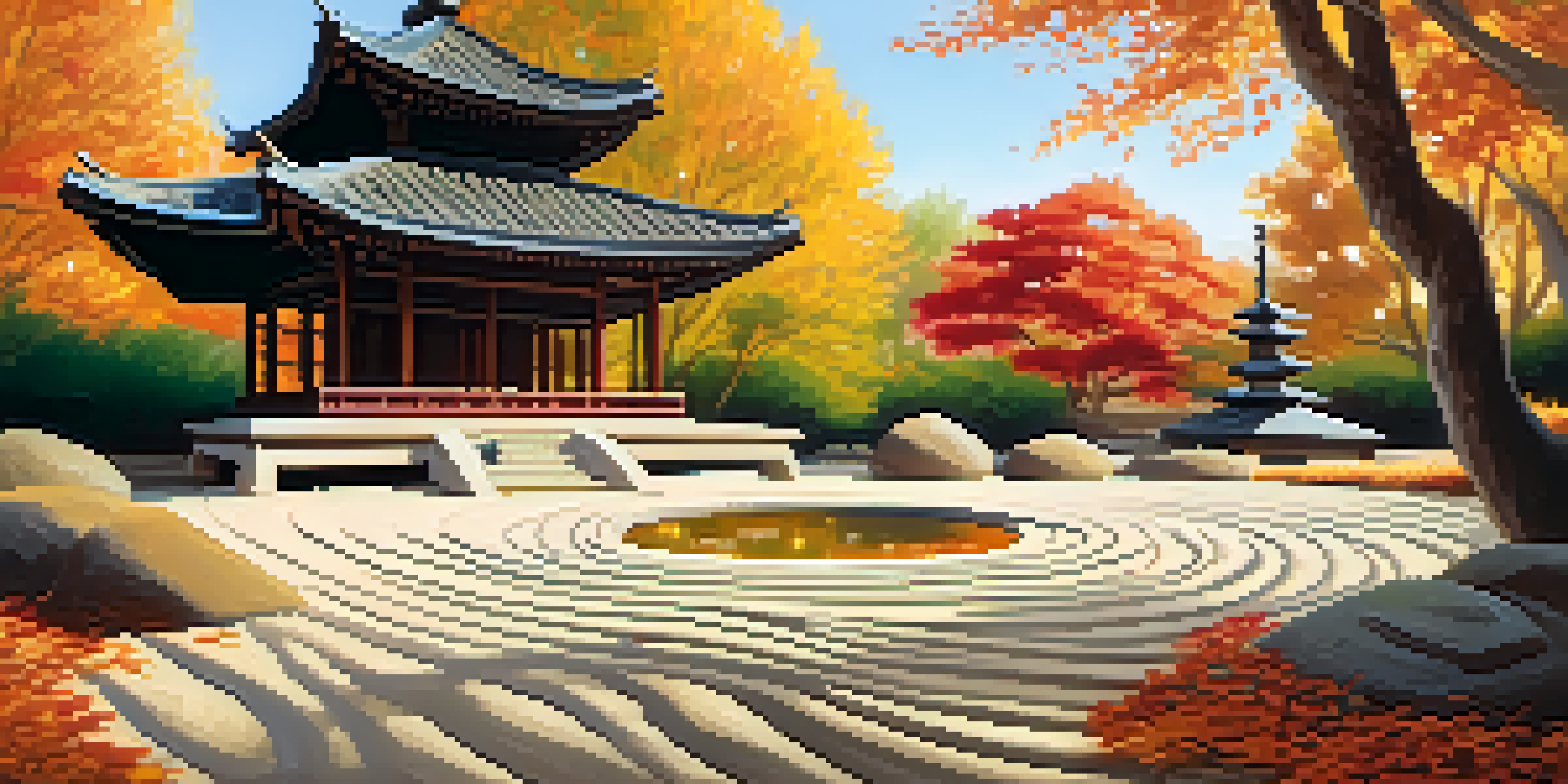 A peaceful Zen garden with raked sand, stones, greenery, and a wooden pagoda surrounded by autumn colors and sunlight.