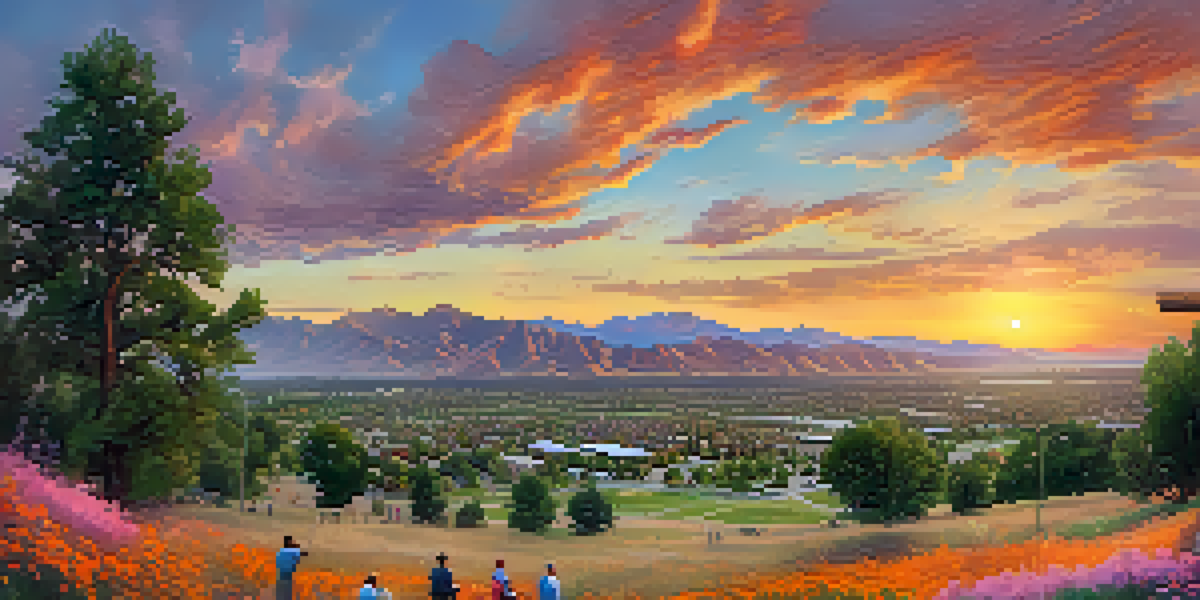 A panoramic view of Boulder, Colorado, featuring the Rocky Mountains, a colorful sunset, and community members planting trees.