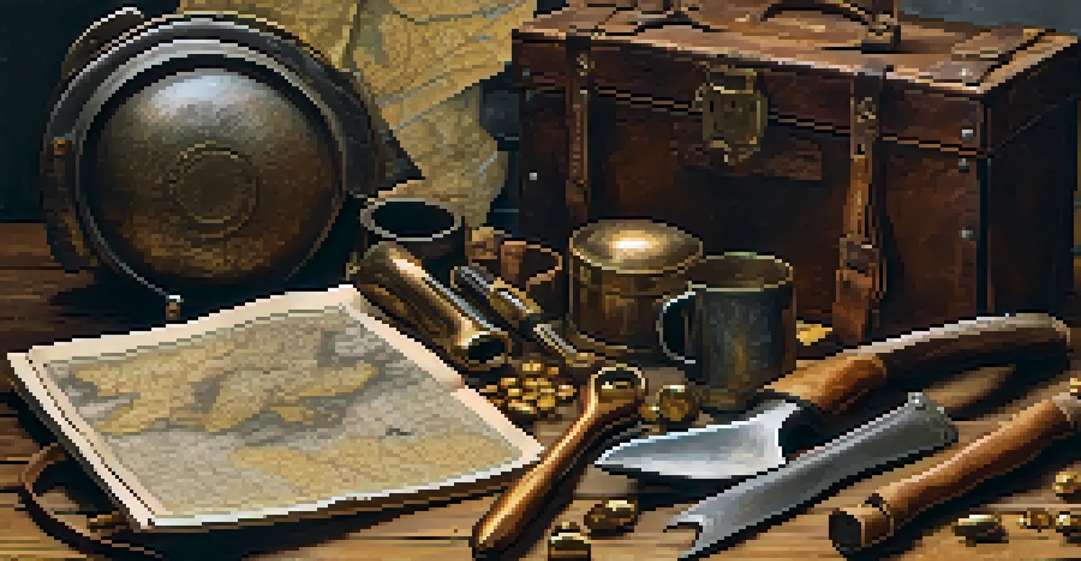 Close-up of a miner's tools from the Gold Rush, including a pickaxe and gold pan on a rustic table, surrounded by gold nuggets and old maps.