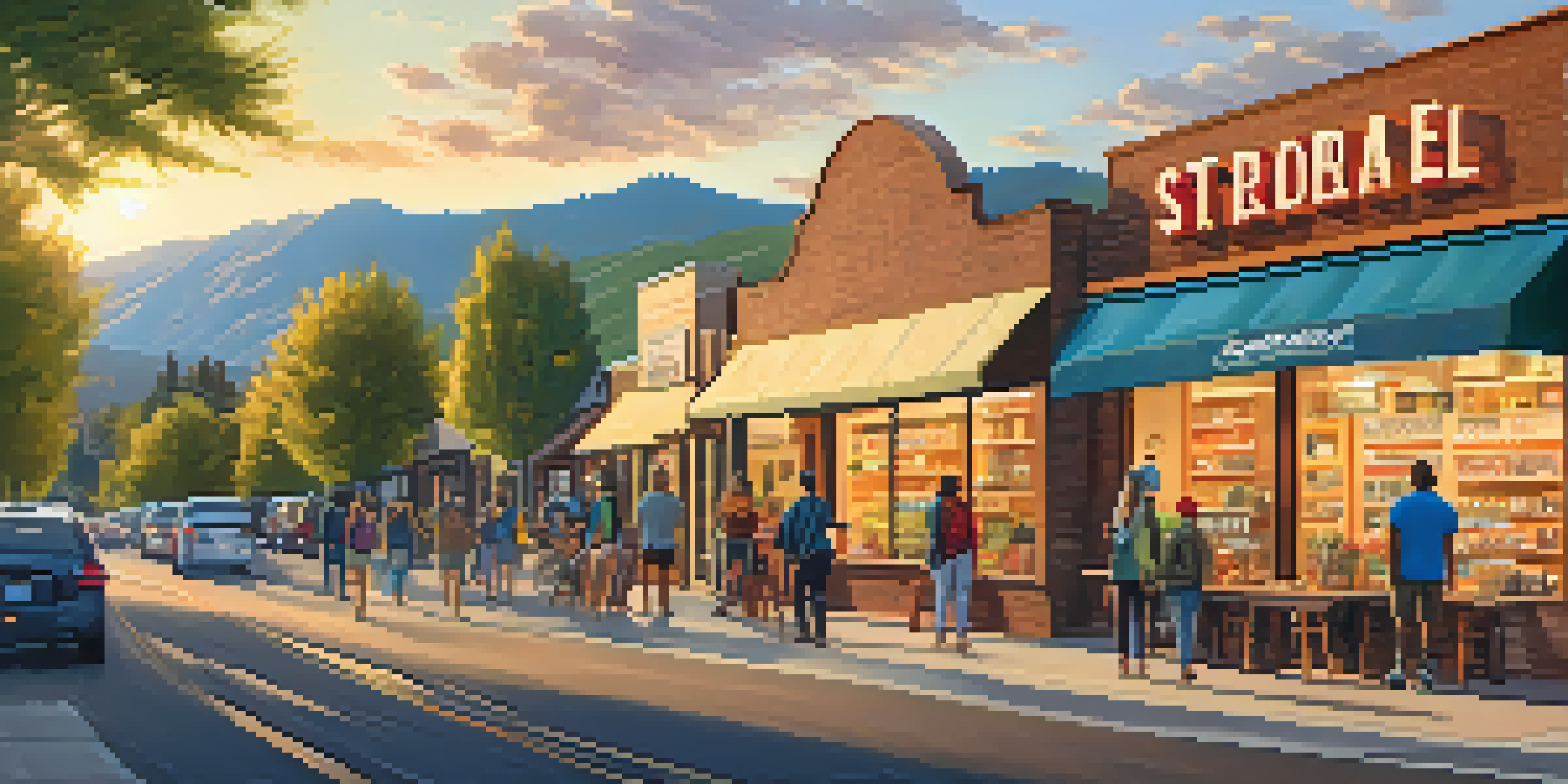 A scenic view of Boulder, Colorado, featuring storefronts of outdoor brands with eco-friendly gear, people walking by with reusable bags, and a sunset backdrop.