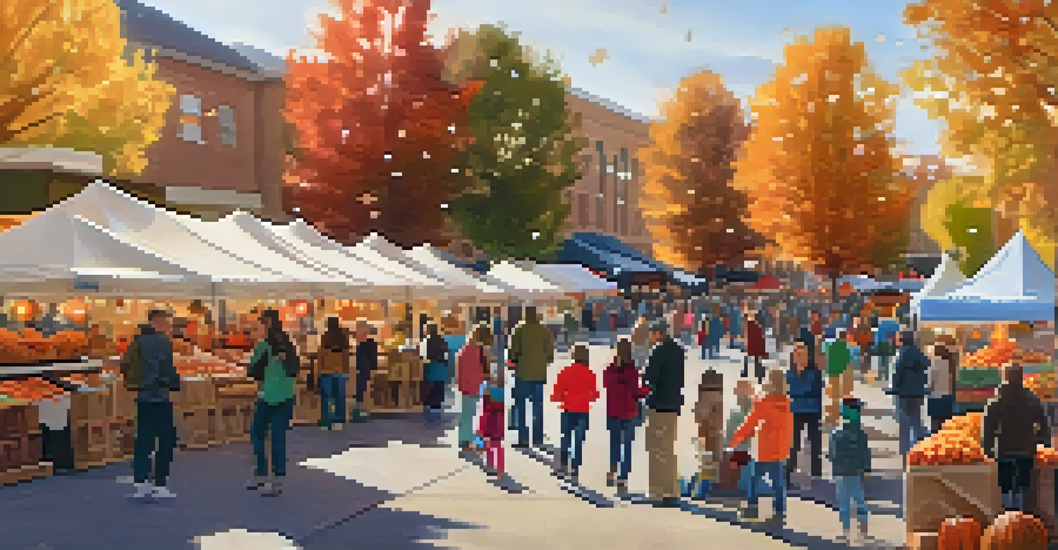 A festive seasonal event at a farmers market with decorations, families enjoying activities, and tables filled with seasonal products.