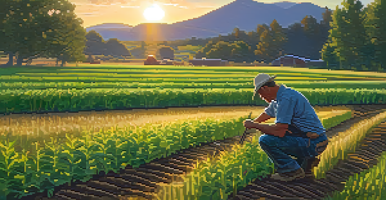 A farmer examining soil in a field, surrounded by greenery, with sunset lighting.