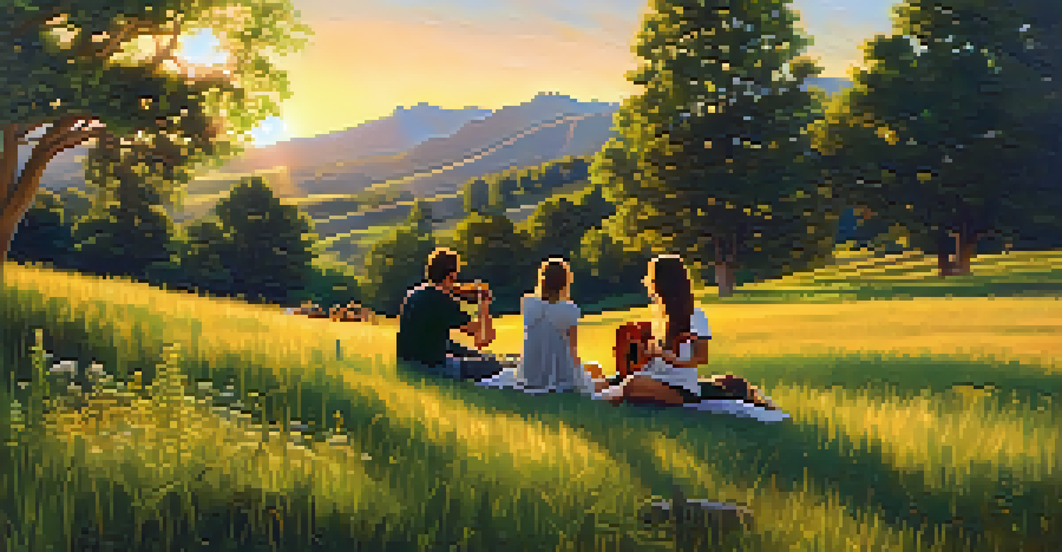 Musicians collaborating on a grassy hill in Boulder, Colorado, surrounded by wildflowers and a sunset, emphasizing the connection between nature and music.